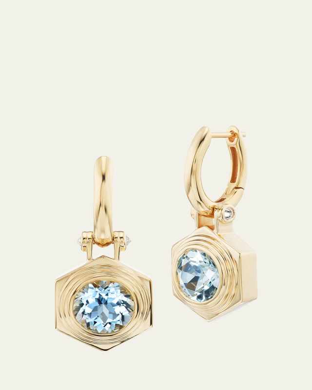 18K Yellow Gold Hexed Drop Huggie Earrings with Diamonds and Aquamarine